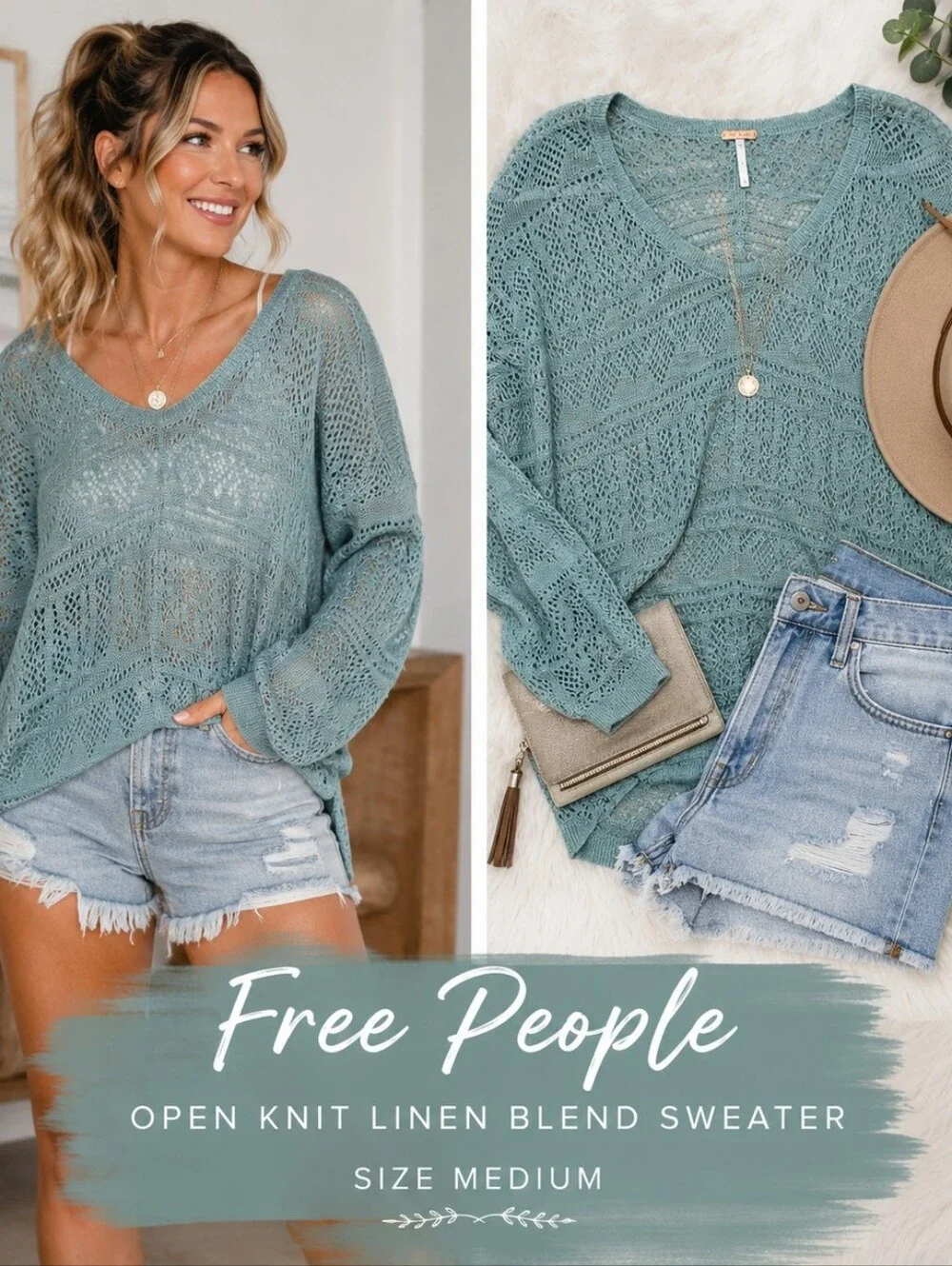 Free People Open Knit Linen Blend Boho Sweater | Aqua Blue Pointelle Pullover M